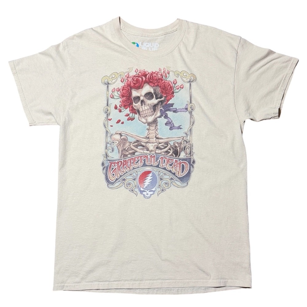 Vintage Y2K Liquid Blue Grateful Dead Bertha Skull Roses Graphic Band T-Shirt